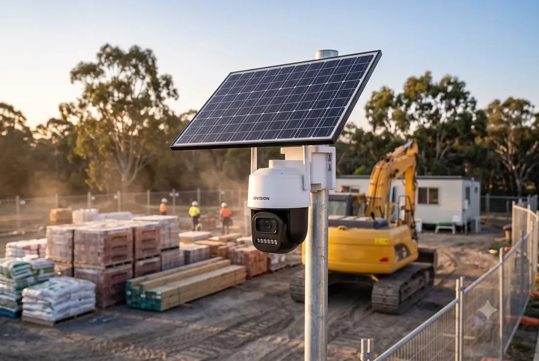 Jovision JVS-N47-AOR solar 4G camera on a pole overlooking a building site with materials and an excavator
