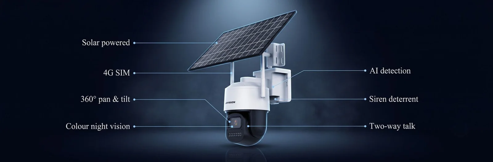 Jovision JVS-N47-AOR features: solar powered, 4G SIM, 360 degree pan and tilt, colour night vision, AI detection, siren deterrent and two-way talk