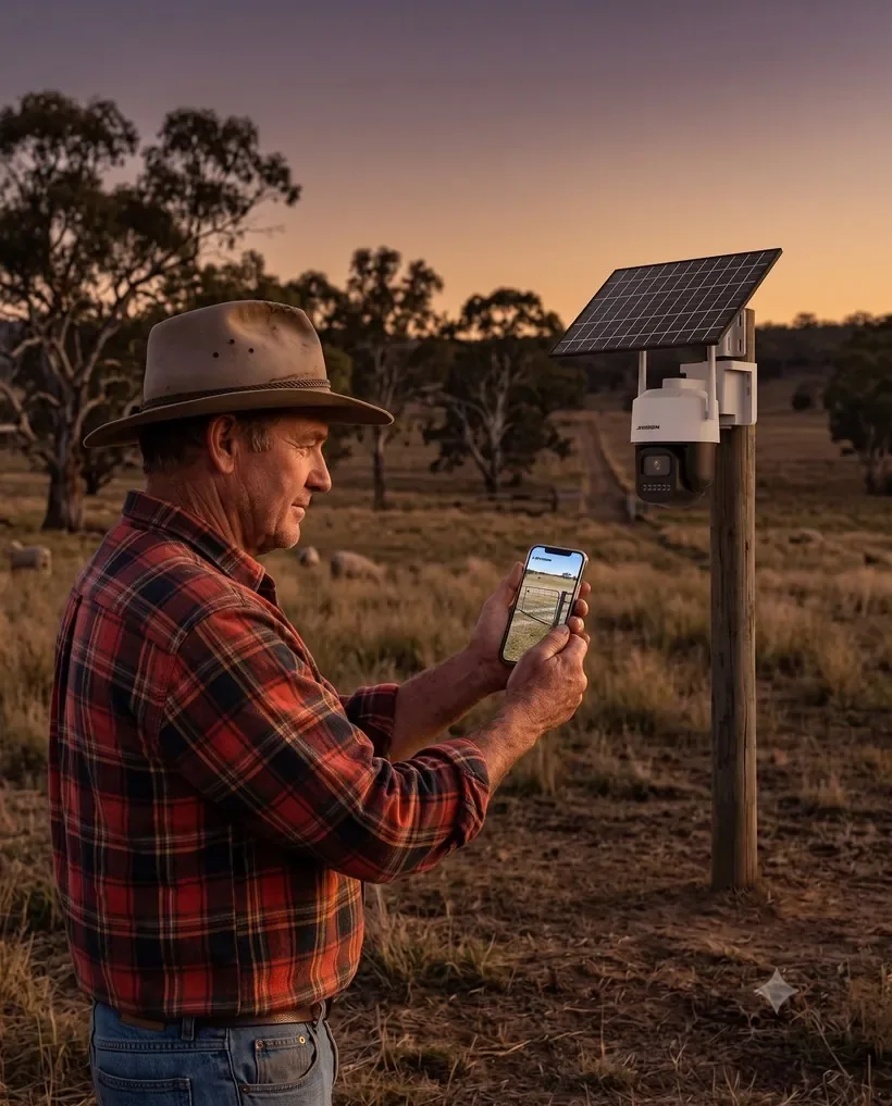 Farmer checking a solar security camera live on a phone at a farm gate