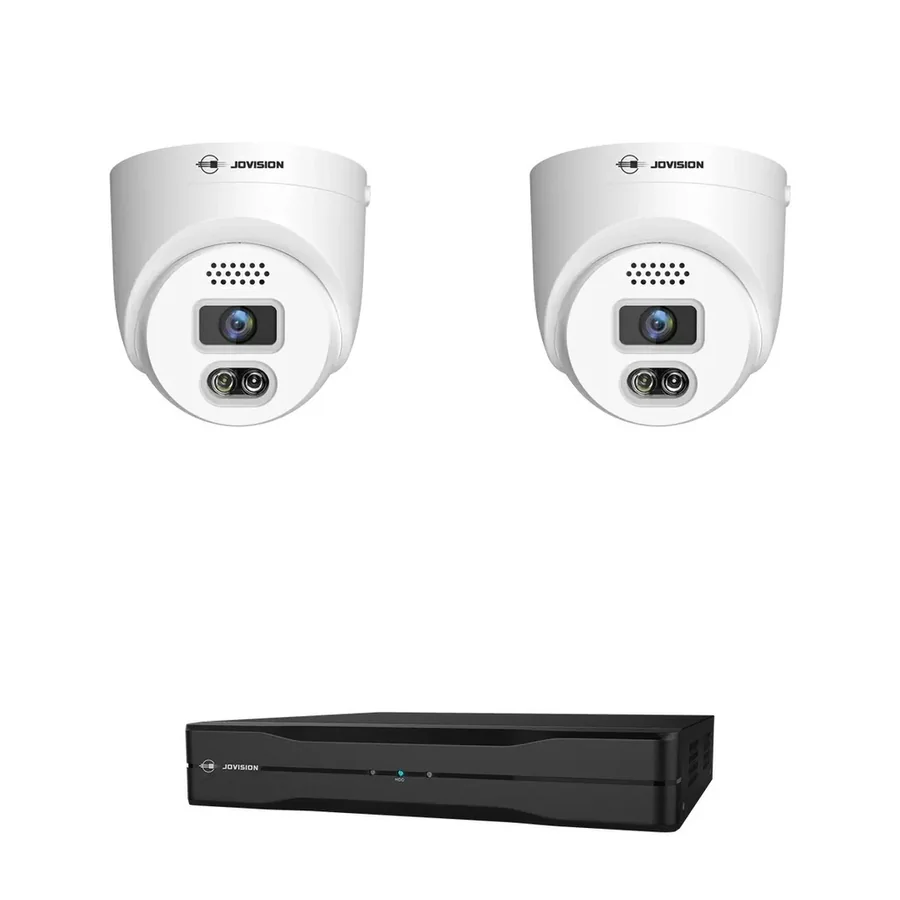 Jovision 2 camera 5MP security camera system with two turret cameras and a 4 channel PoE NVR