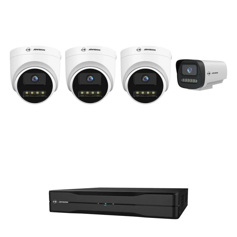 Jovision 4 Camera 4K Home System: 3 × 8MP 4K turret + 1 × 6MP bullet, 8-channel PoE NVR (4 spare)