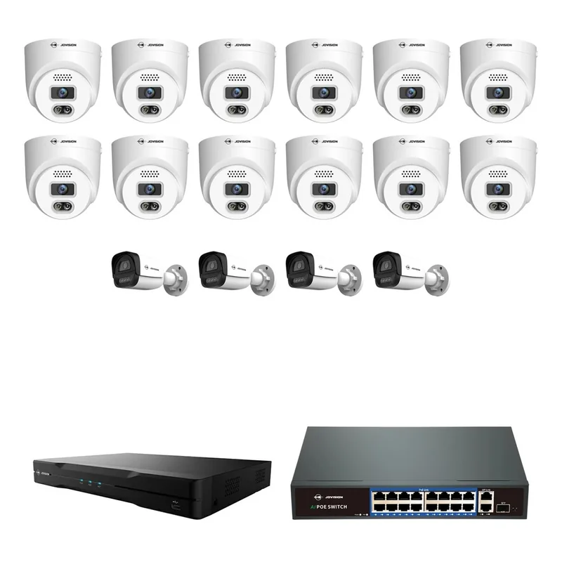 Jovision 16 Camera Commercial System: 12 × 5MP turret + 4 × 5MP bullet, 32-channel NVR + 16-port 200W PoE switch