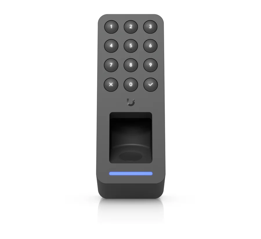 Ubiquiti UA-G3-Fingerprint-B front view showing the 12-key keypad, fingerprint sensor and status LED