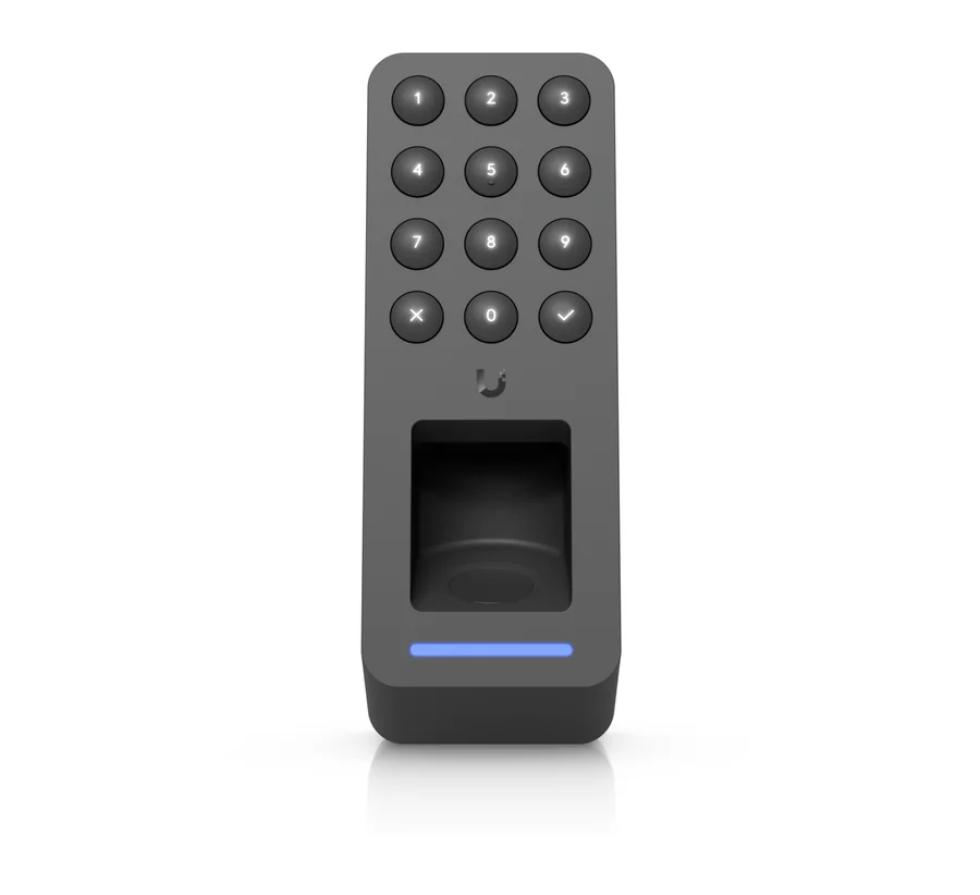 Ubiquiti UA-Retrofit-Reader-Fingerprint-B front view showing the keypad, fingerprint sensor and status LED
