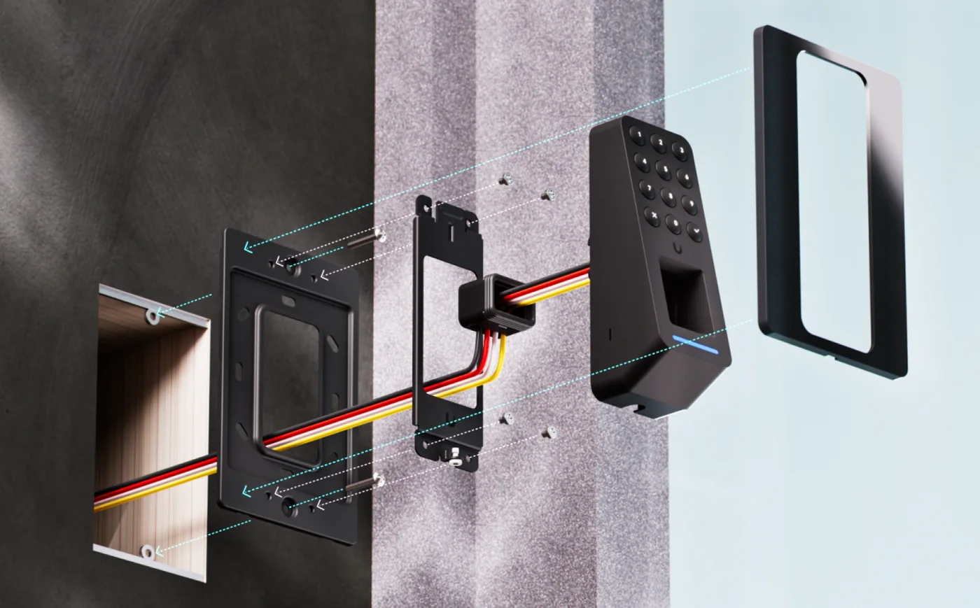 Exploded view of the UniFi Access Retrofit Reader Fingerprint installing over an existing wall box with existing multi-core reader cable