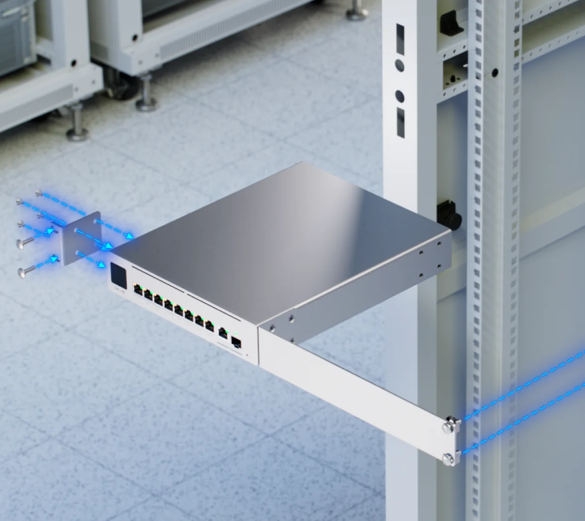 Ubiquiti Long-Range Switch 8 PoE mounted in a rack with the included rackmount accessory