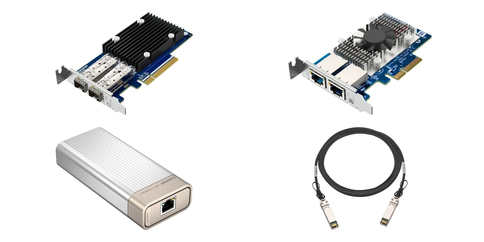 QNAP QXG-10G2SF-X710 and QXG-10G2T PCIe cards, QNA-UC10G1T Thunderbolt adapter and CAB-DAC30M-SFPP cable