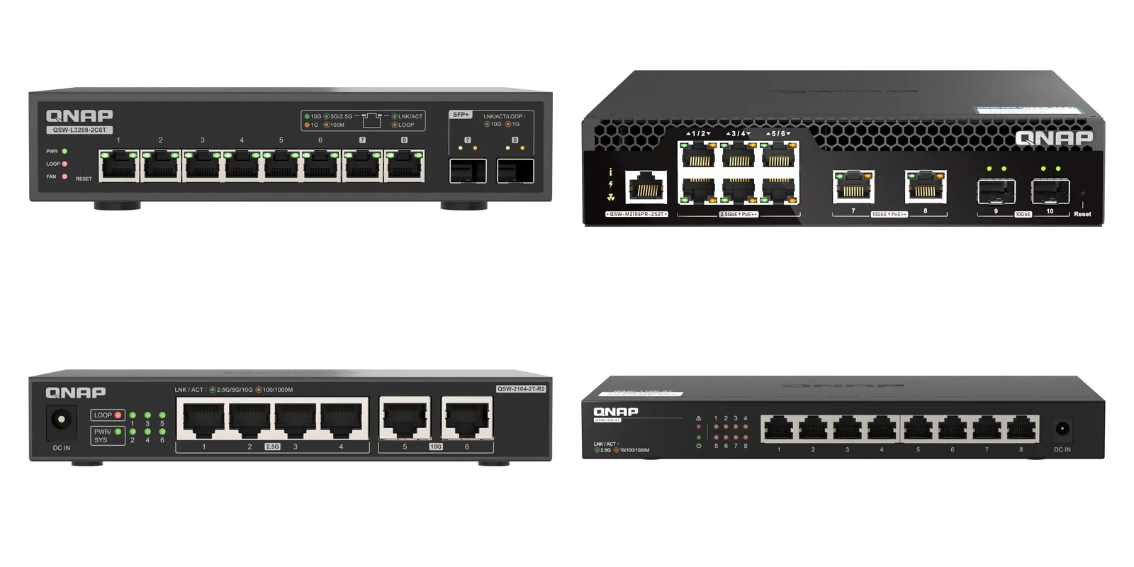 QNAP QSW-L3208-2C6T, QSW-M2106PR-2S2T, QSW-2104-2T-R2 and QSW-1108-8T switches