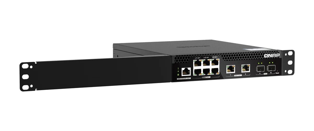 QNAP QSW-M2106PR-2S2T half-width rackmount switch installed in a rack