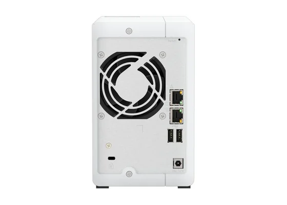 Rear panel of the QNAP TS-216G showing the 2.5GbE and Gigabit network ports and fan