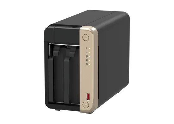 QNAP TS-264 with its front panel slid off, showing the two drive bays