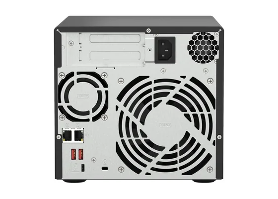 Rear panel of the QNAP TS-473A showing two PCIe slots, 2.5GbE ports and USB ports