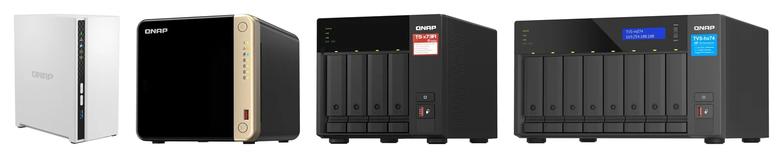 QNAP TS-233, TS-464, TS-473A and TVS-h874 NAS side by side