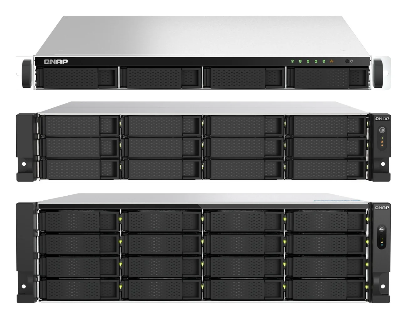 QNAP rackmount NAS from top to bottom: 1U TS-464U-RP, 2U TS-1273AU-RP and 3U TS-h1677AXU-RP