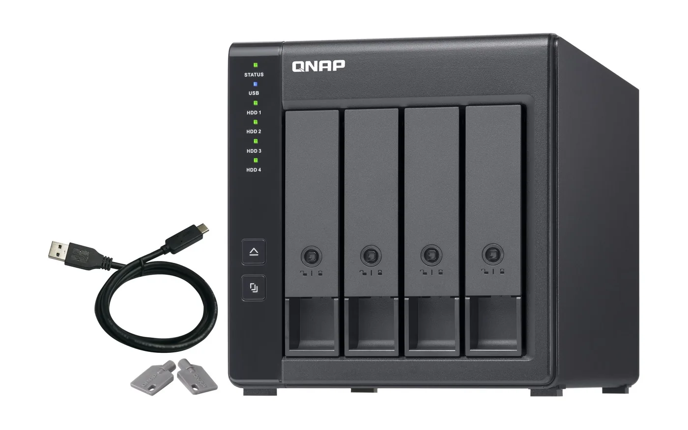 QNAP TR-004 4-bay USB Type-C direct attached storage enclosure with USB cable