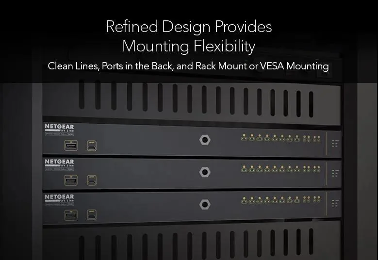Netgear M4250 switches rack-mounted with ports at the rear and a clean front panel