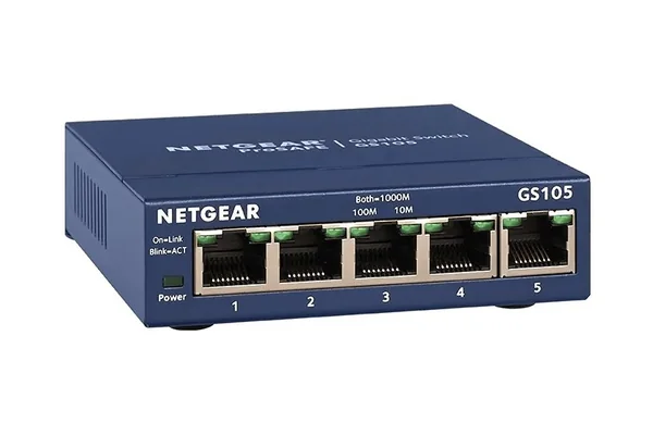Netgear GS105 5-port Gigabit unmanaged switch, blue metal case