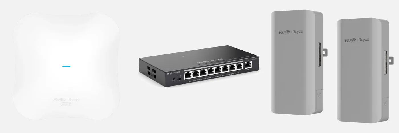 Ruijie Reyee RG-RAP72Pro Wi-Fi 7 access point, RG-ES209GC-P PoE switch and RG-EST310 V2 wireless bridge pair