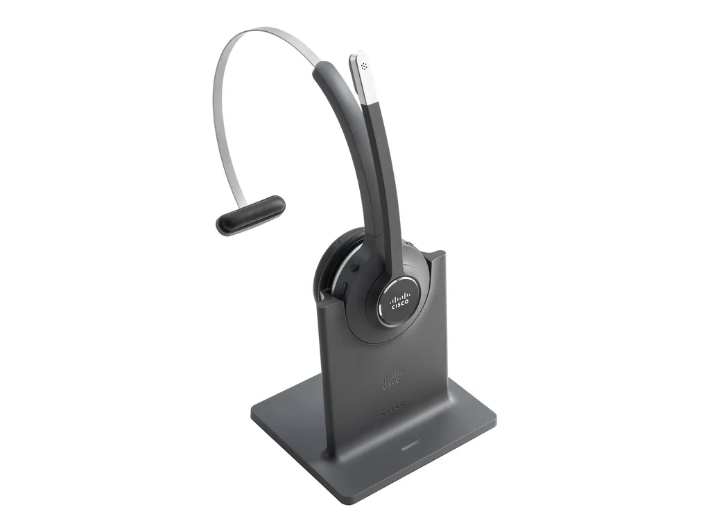 Cisco Headset 561 single-ear DECT wireless headset docked on its Standard base station