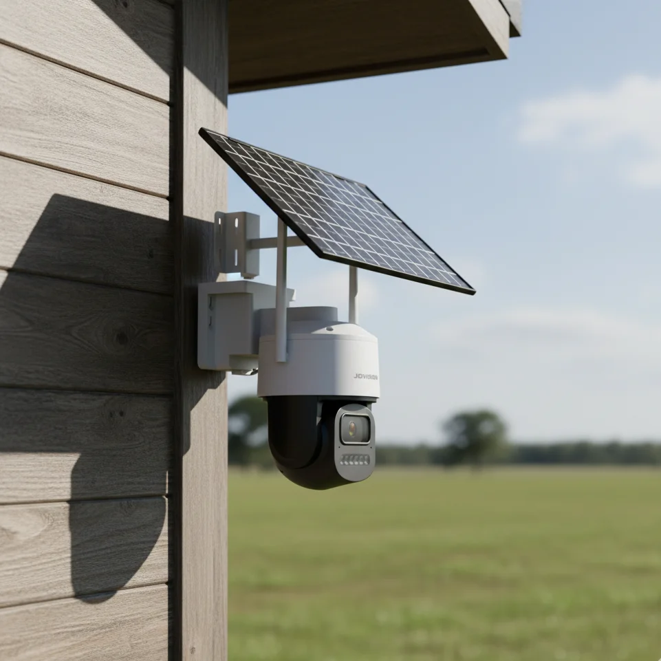Jovision solar-powered PTZ security camera on a rural property in Australia