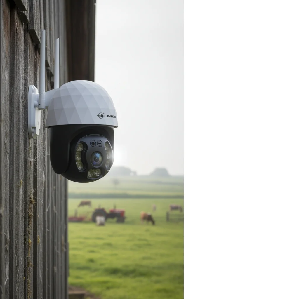 Long-range PTZ security camera covering an open farm property