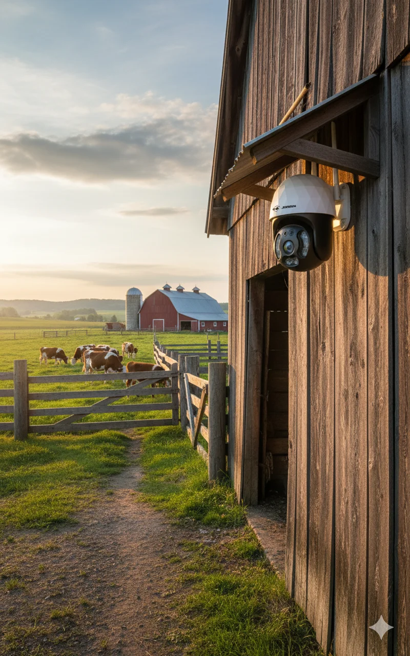 Weatherproof security camera mounted on a farm shed at sunset in Australia