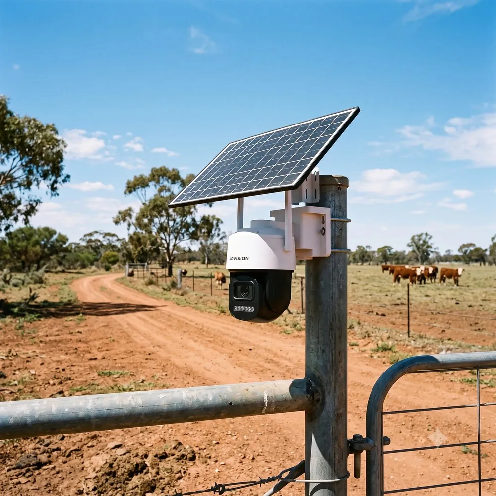 Jovision solar camera on a farm gatepost in rural Australia