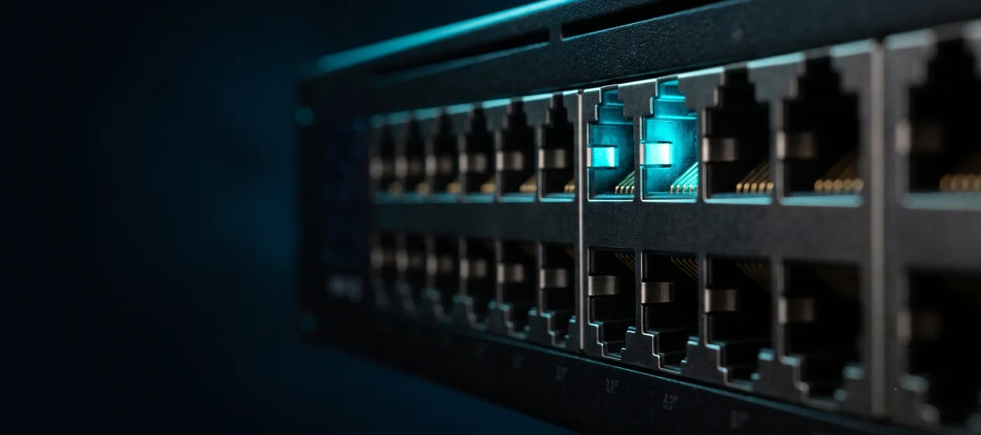 Bank of RJ45 PoE switch ports — wholesale and trade networking supply
