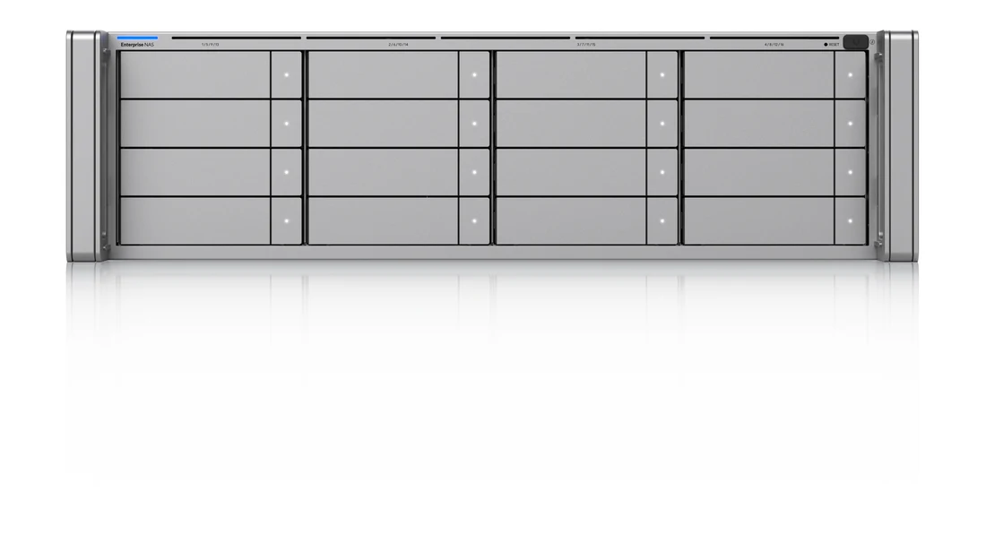 Enterprise NAS front panel with sixteen hot-swappable drive bays