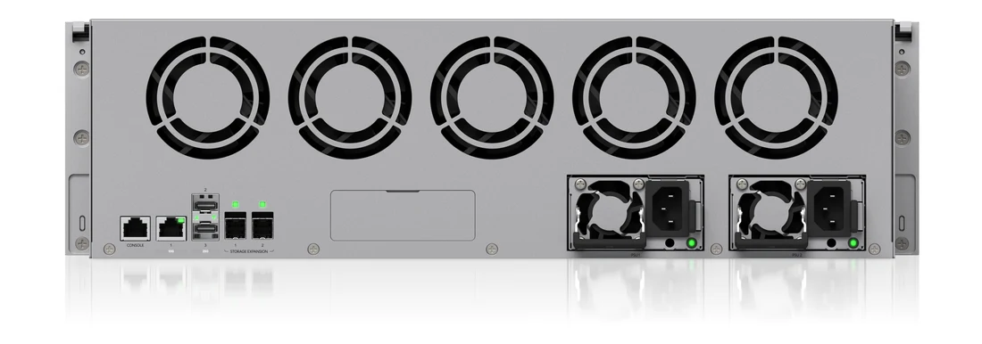 Enterprise NAS rear panel with redundant hot-swappable power modules, fans, 25G SFP28 and 10GbE ports