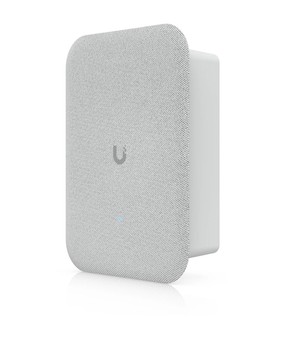 UniFi AI Speaker three-quarter view showing slim wall-mount profile