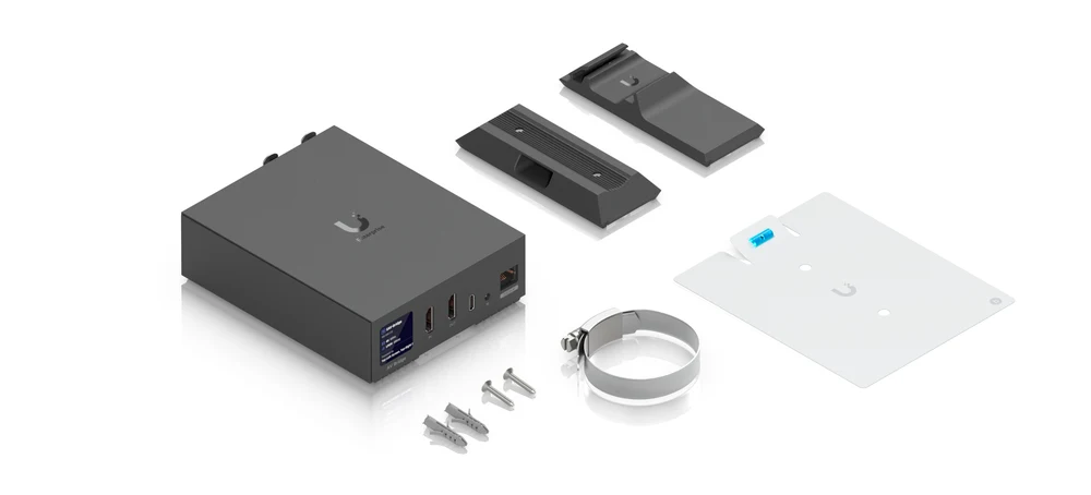 EAV-Bridge box contents with DIN rail, wall and pole mounting hardware