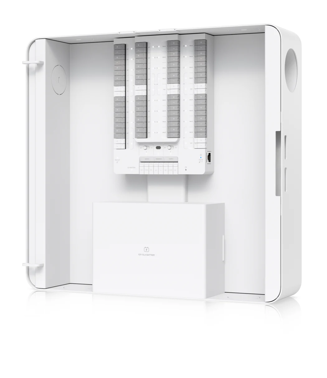 UniFi Alarm Hub open enclosure showing 32 zone terminals, relays and battery bay