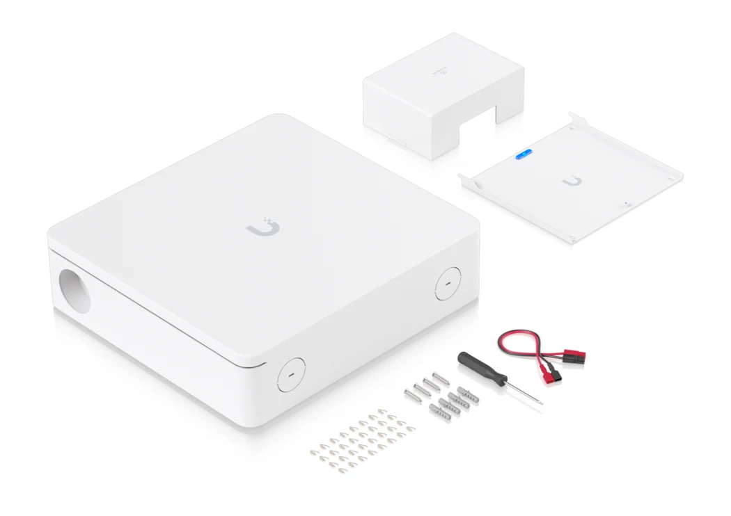 UniFi Alarm Hub Kit box contents with mount, resistors and battery leads