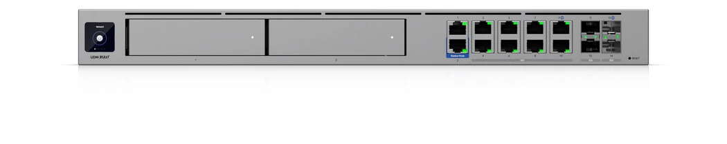 UDM Beast front panel with NVR drive bay, ports and touchscreen