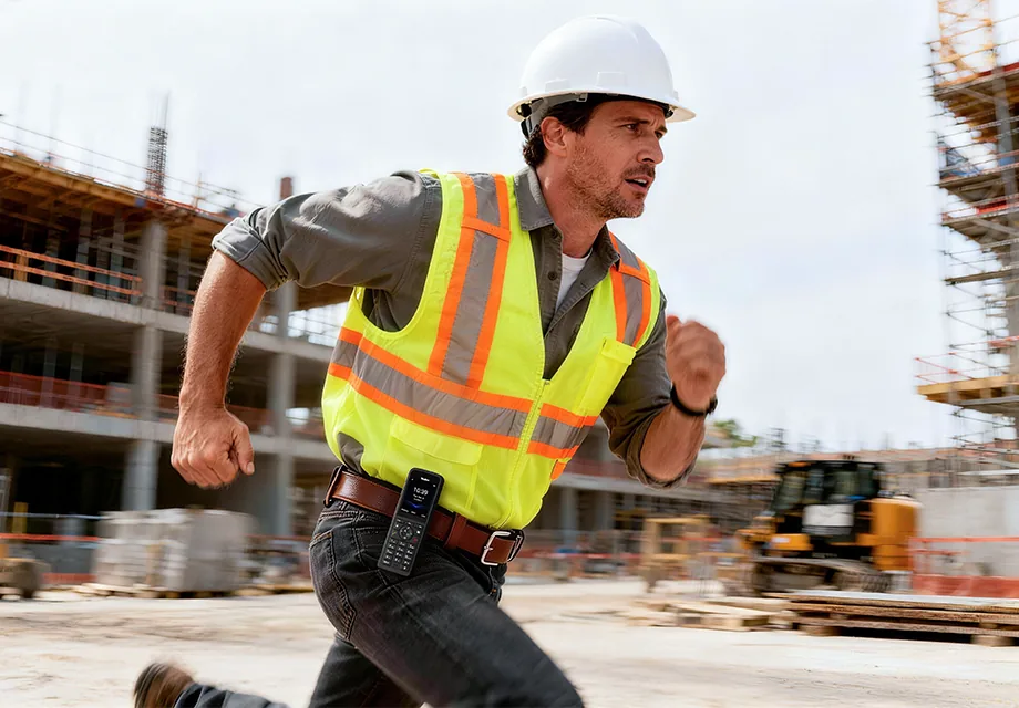 Construction worker on site with a rugged Yealink DECT handset