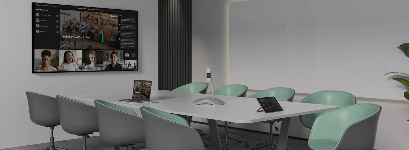 Boardroom with a Yealink MeetingBar on the display