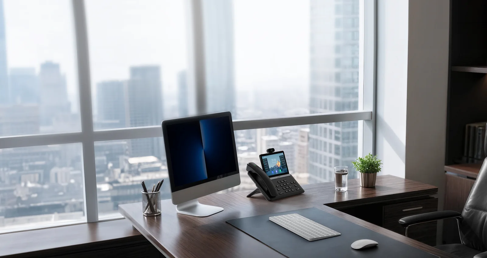Yealink T88 Series desk phone on an executive desk in a city office