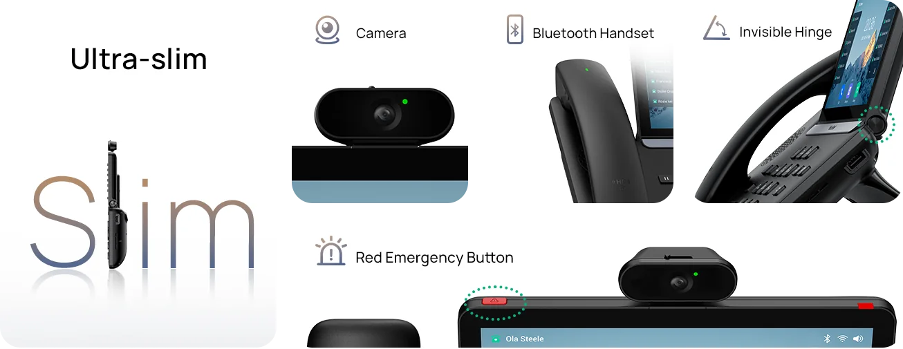 Yealink T88 Series ultra-slim design with camera, Bluetooth handset, invisible hinge and red emergency button