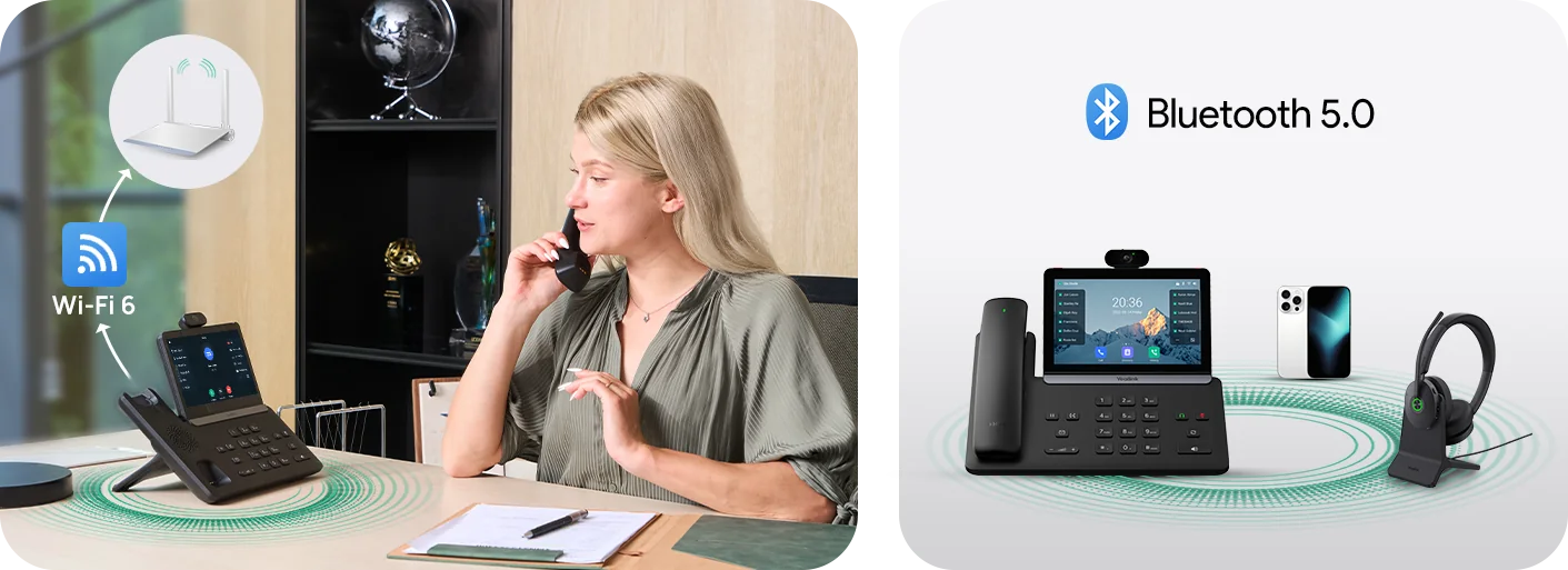 Yealink T88 Series connecting over Wi-Fi 6 and Bluetooth 5.0 to a headset and mobile phone