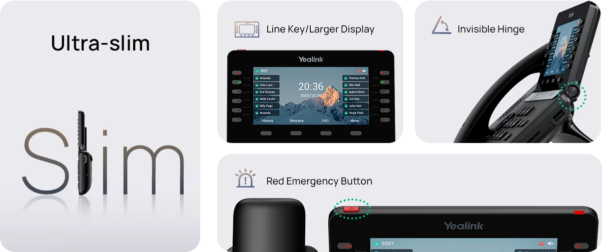 Yealink SIP-T85W slim design with physical line keys, larger display and red emergency button