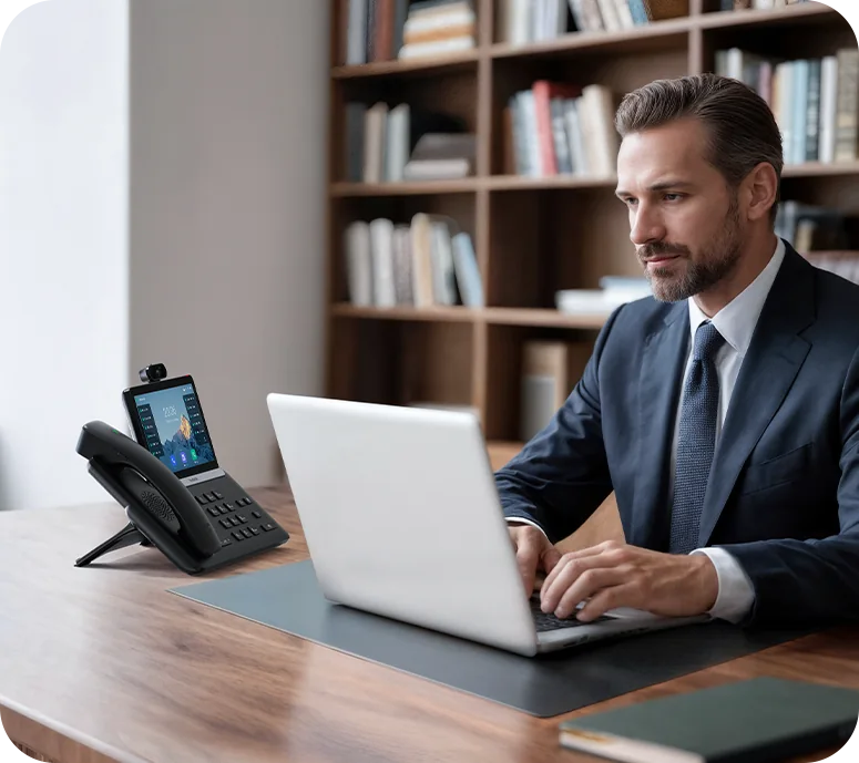 Professional working at a laptop with a Yealink T88 Series phone in a study