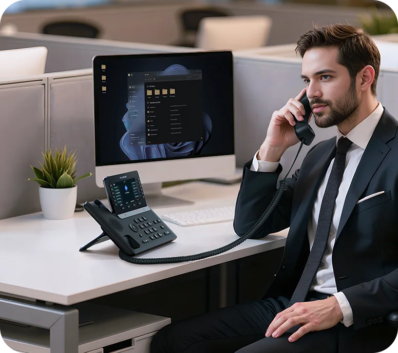 Office worker on a call with a Yealink SIP-T85W in an open-plan office