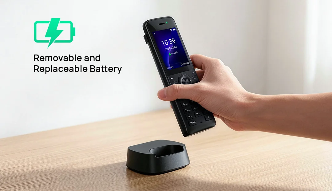 Yealink AX83H Wi-Fi handset being placed into its desktop charging cradle