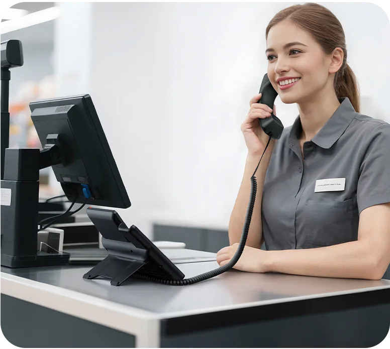 Staff member on a call at a Yealink SIP-T73W on a front counter