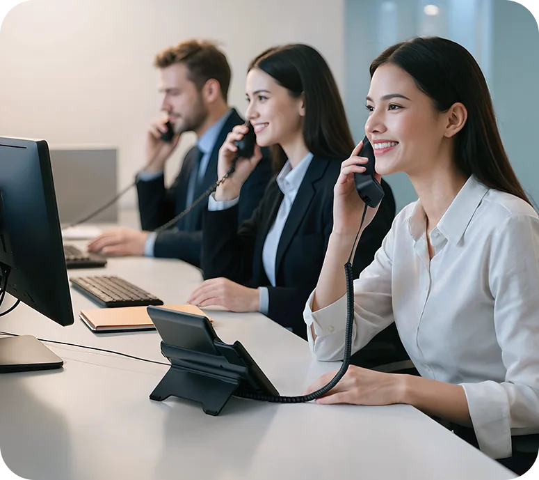 Sales team on calls with Yealink SIP-T74U phones along a shared bench