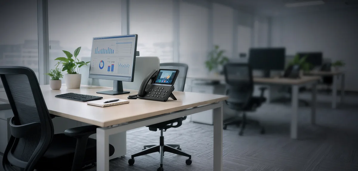 Yealink SIP-T77U touch-screen IP phone on a desk in an open-plan office