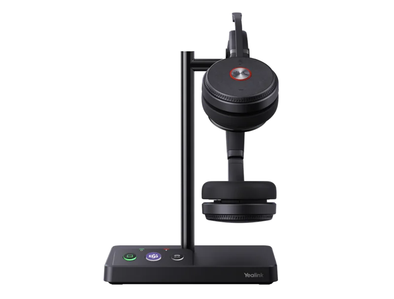 Yealink WH62 DECT headset on its charging base