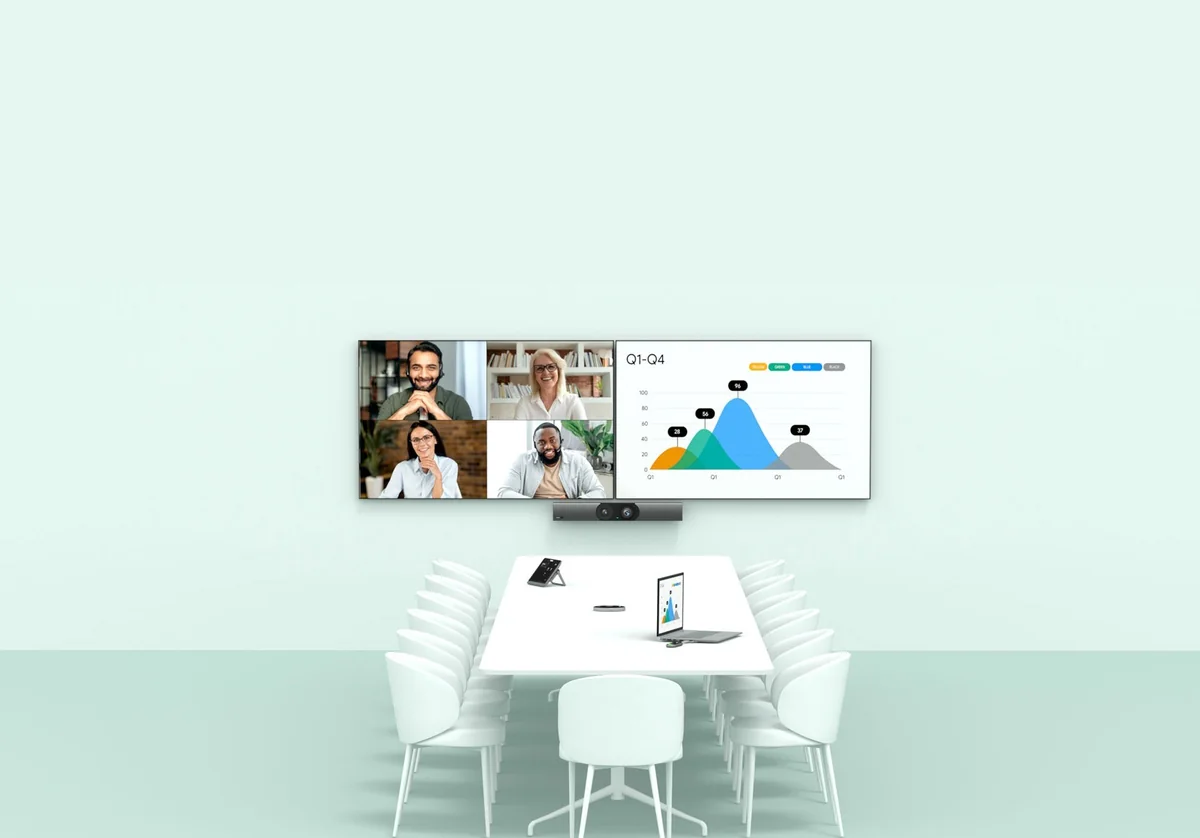 Yealink MeetingBar A30 between two displays in a medium meeting room