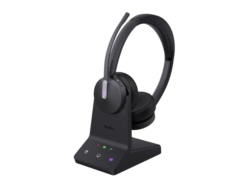 Yealink WH64 dual DECT and Bluetooth headset on the WHB640 base